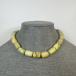 Vintage Native American Sterling Serpentine Stone Beaded Necklace 16" 120g